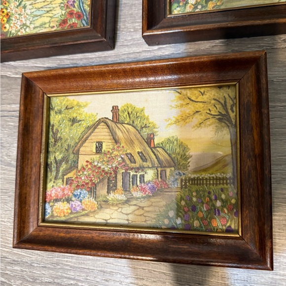 Set of Three Vintage Framed Cottage Prints on Fabric with Embroidered Flowers - Picture 5 of 12